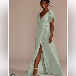 David’s Bridal Flutter Sleeve Georgette Wrap Dress in Dusty Sage